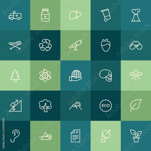 Modern Simple Set of health, science, nature Vector outline Icons. ..Contains such Icons as science,  molecular, eco,  medicine, plant, ear and more on green background. Fully Editable. Pixel Perfect.