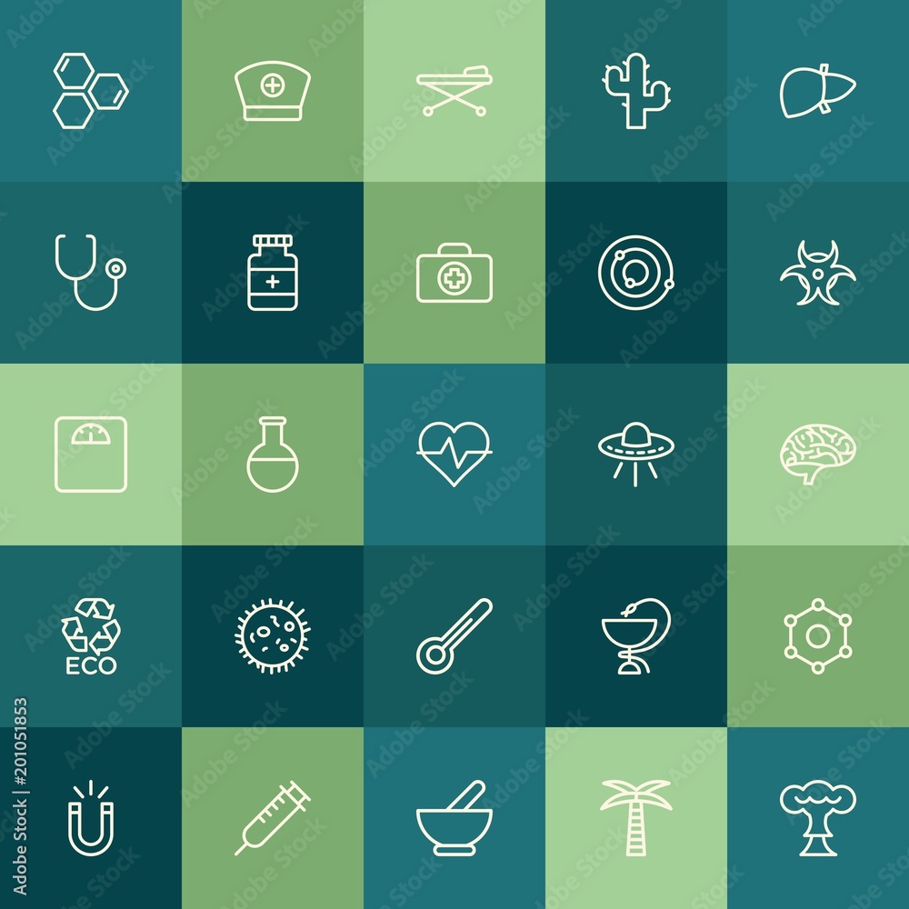 Modern Simple Set of health, science, nature Vector outline Icons. ..Contains such Icons as  illness,  power,  lab,  medicine,  element and more on green background. Fully Editable. Pixel Perfect.