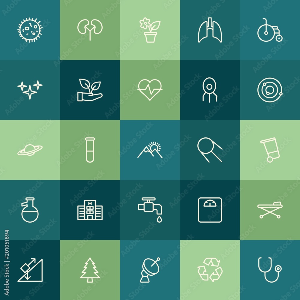 Modern Simple Set of health, science, nature Vector outline Icons. ..Contains such Icons as  microbiology, bacteria,  recycling,  science and more on green background. Fully Editable. Pixel Perfect.