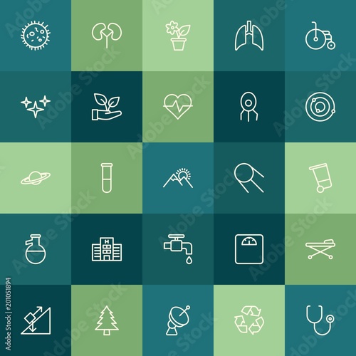 Modern Simple Set of health, science, nature Vector outline Icons. ..Contains such Icons as microbiology, bacteria, recycling, science and more on green background. Fully Editable. Pixel Perfect.