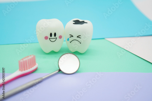 Model Cute toys teeth in dentistry on colorful pastel paper for background .