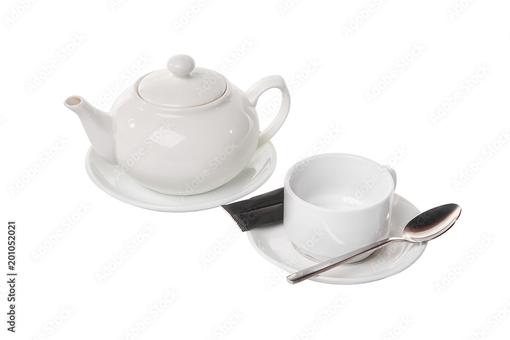 A white kettle, a teapot on a plate, an empty cup, a tea pair, without liquid, two black bags, a dose of sugar, a teaspoon. For the technological map. Side view from above Isolated white background A white kettle, a teapot on a plate, an empty cup, a tea pair, without liquid, two black bags, a dose of sugar, a teaspoon. For the technological map. Side view from above Isolated white background