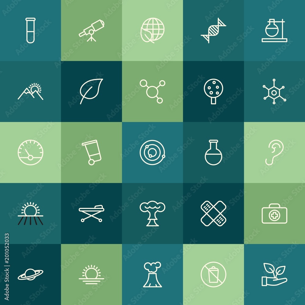 Modern Simple Set of health, science, nature Vector outline Icons. ..Contains such Icons as  sunrise,  dna,  waste,  discovery, science and more on green background. Fully Editable. Pixel Perfect.