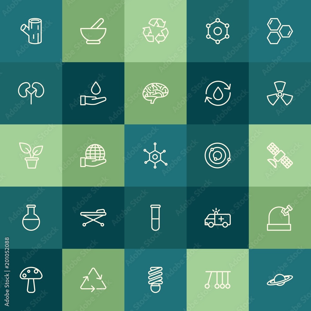 Modern Simple Set of health, science, nature Vector outline Icons. ..Contains such Icons as  universe,  green, recycle, food,  recycling and more on green background. Fully Editable. Pixel Perfect.