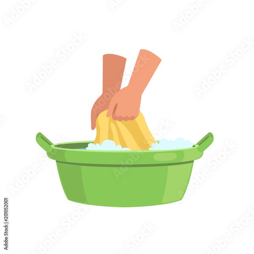 Washing clothes in green basin by hands, cleaning and housework concept vector Illustration on a white background
