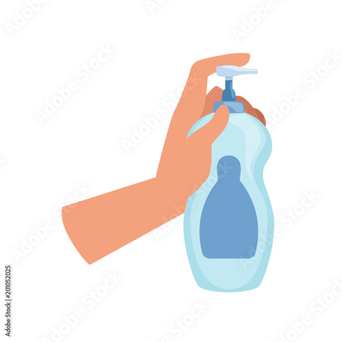 Hand holding dishwashing detergent bottle, cleaning and housework concept vector Illustration on a white background