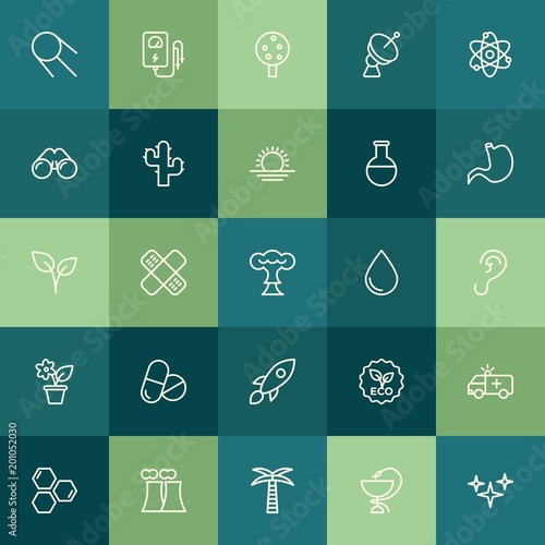 Modern Simple Set of health, science, nature Vector outline Icons. ..Contains such Icons as space, space, bandaid, nuclear, electric and more on green background. Fully Editable. Pixel Perfect.