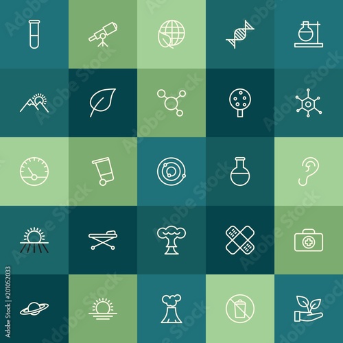 Modern Simple Set of health, science, nature Vector outline Icons. ..Contains such Icons as sunrise, dna, waste, discovery, science and more on green background. Fully Editable. Pixel Perfect.