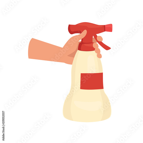 Hand holding cleaning spray bottle, human hand with tool for cleaning, housework concept vector Illustration on a white background