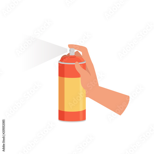 Hand holding spraying can, cleaning and housework concept vector Illustration on a white background