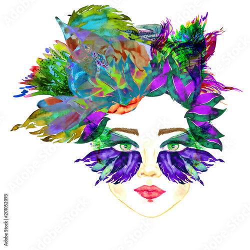 Face with green fairy eyes with makeup, blue and turquoise butterfly wings shape eyeshadows look like mask, floral abstract hairstyle, hand painted watercolor fashion illustration isolated on white 