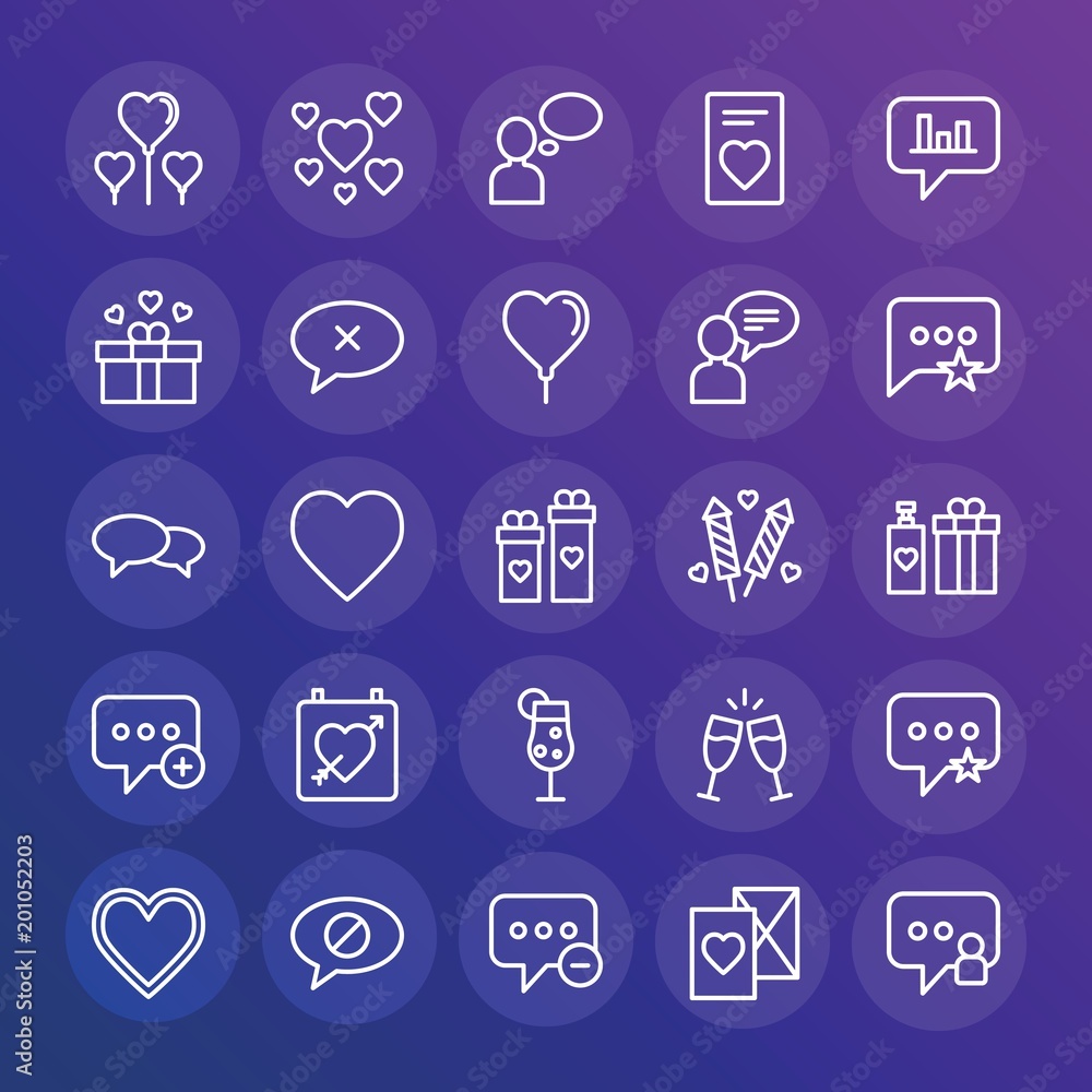 Modern Simple Set of chat and messenger, valentine Vector outline Icons. ..Contains such Icons as champaign, valentine, wine, think and more on gradient background. Fully Editable. Pixel Perfect. Modern Simple Set of chat and messenger, valentine Vector outline Icons. ..Contains such Icons as champaign, valentine, wine, think and more on gradient background. Fully Editable. Pixel Perfect.