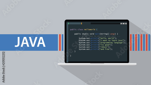 java programming language with laptop and code script on screen vector illustration photo