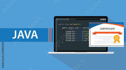 java programming language certificate with laptop and code script on screen vector illustration