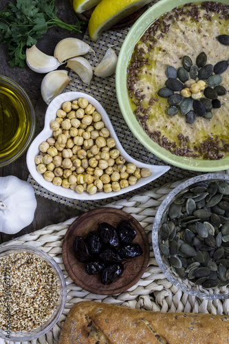 Hummus ingredients. Middle Eastern cuisine. Healthy food. Homemade recipe