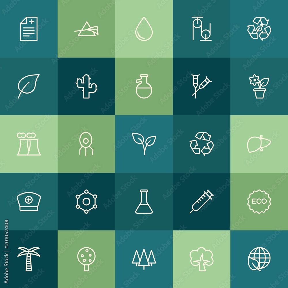Modern Simple Set of health, science, nature Vector outline Icons. ..Contains such Icons as  colorful, prescription, global,  forest,  tree and more on green background. Fully Editable. Pixel Perfect.