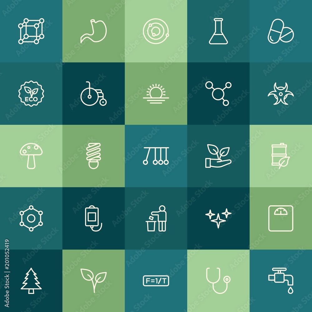 Modern Simple Set of health, science, nature Vector outline Icons. ..Contains such Icons as  save,  isolated,  bulb,  energy,  tree,  leaf and more on green background. Fully Editable. Pixel Perfect.