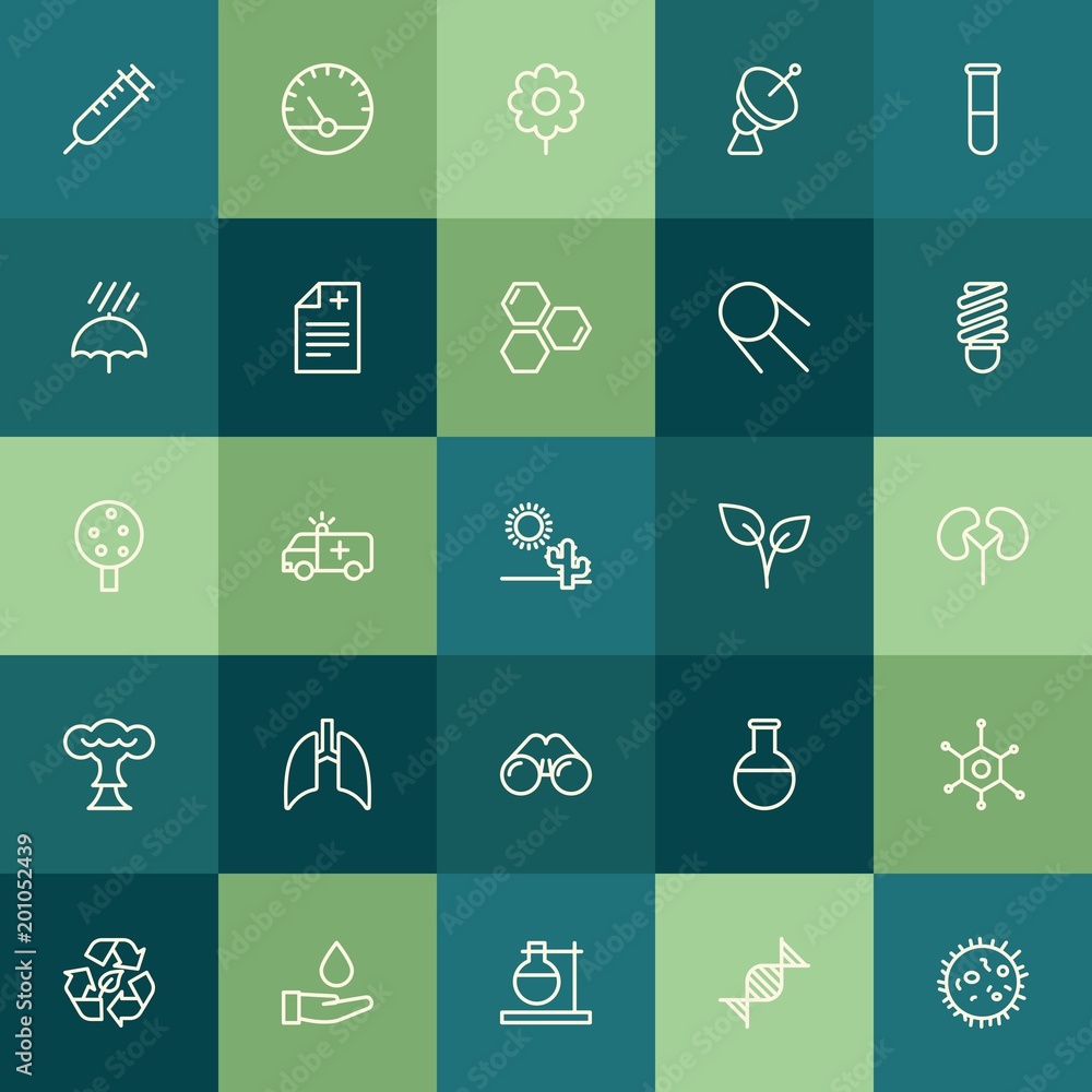 Modern Simple Set of health, science, nature Vector outline Icons. ..Contains such Icons as  lab,  syringe, needle, blossom, recycle,  dna and more on green background. Fully Editable. Pixel Perfect.