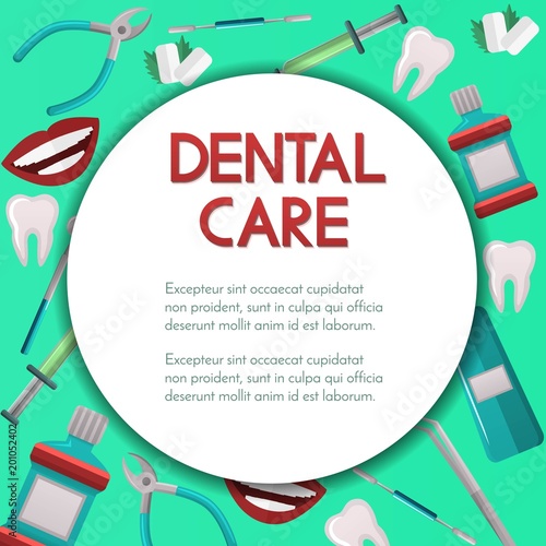 Stomatology round vector banner with shadow,poster design on background with dental and orthodontics instruments and tools,dental care, market concept. Vector illustration