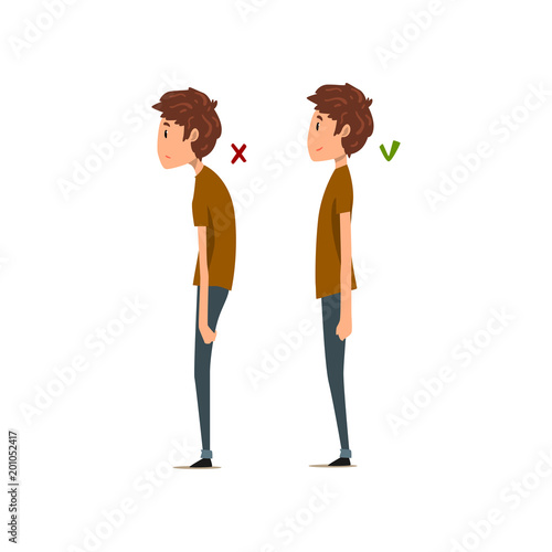 Correct and wrong posture, side view vector Illustration on a white background