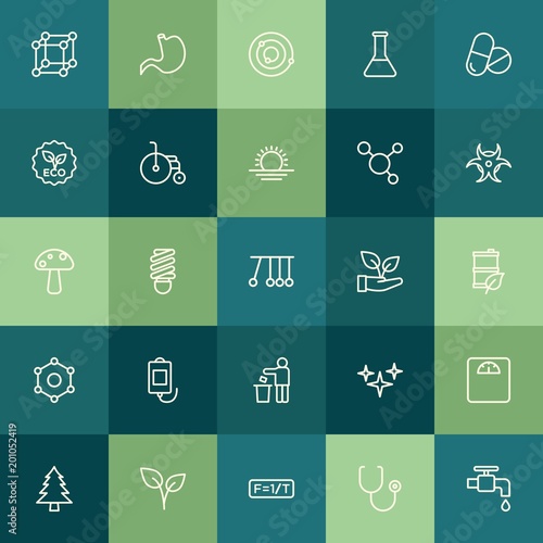 Modern Simple Set of health, science, nature Vector outline Icons. ..Contains such Icons as save, isolated, bulb, energy, tree, leaf and more on green background. Fully Editable. Pixel Perfect.