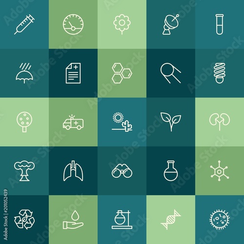 Modern Simple Set of health, science, nature Vector outline Icons. ..Contains such Icons as lab, syringe, needle, blossom, recycle, dna and more on green background. Fully Editable. Pixel Perfect.