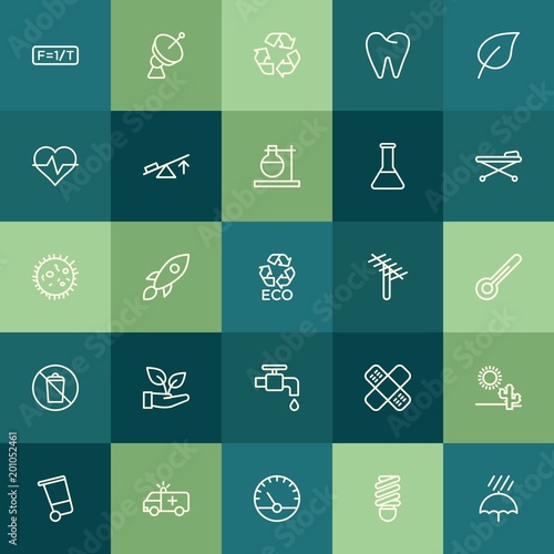 Modern Simple Set of health, science, nature Vector outline Icons. ..Contains such Icons as antenna, dish, rocket, bin, can, care and more on green background. Fully Editable. Pixel Perfect.