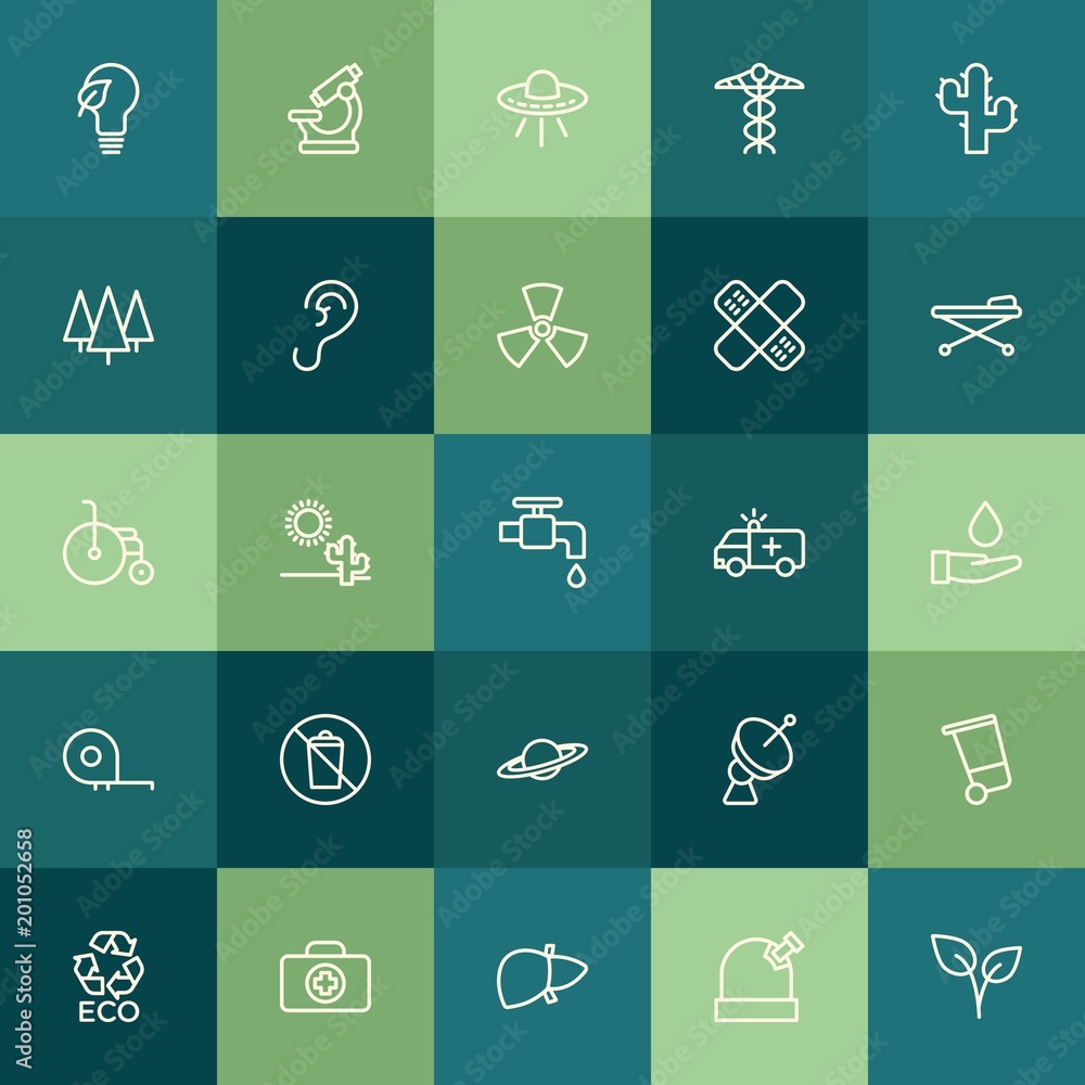 Modern Simple Set of health, science, nature Vector outline Icons. ..Contains such Icons as  scientific,  astronomy, medicine,  ecology and more on green background. Fully Editable. Pixel Perfect.