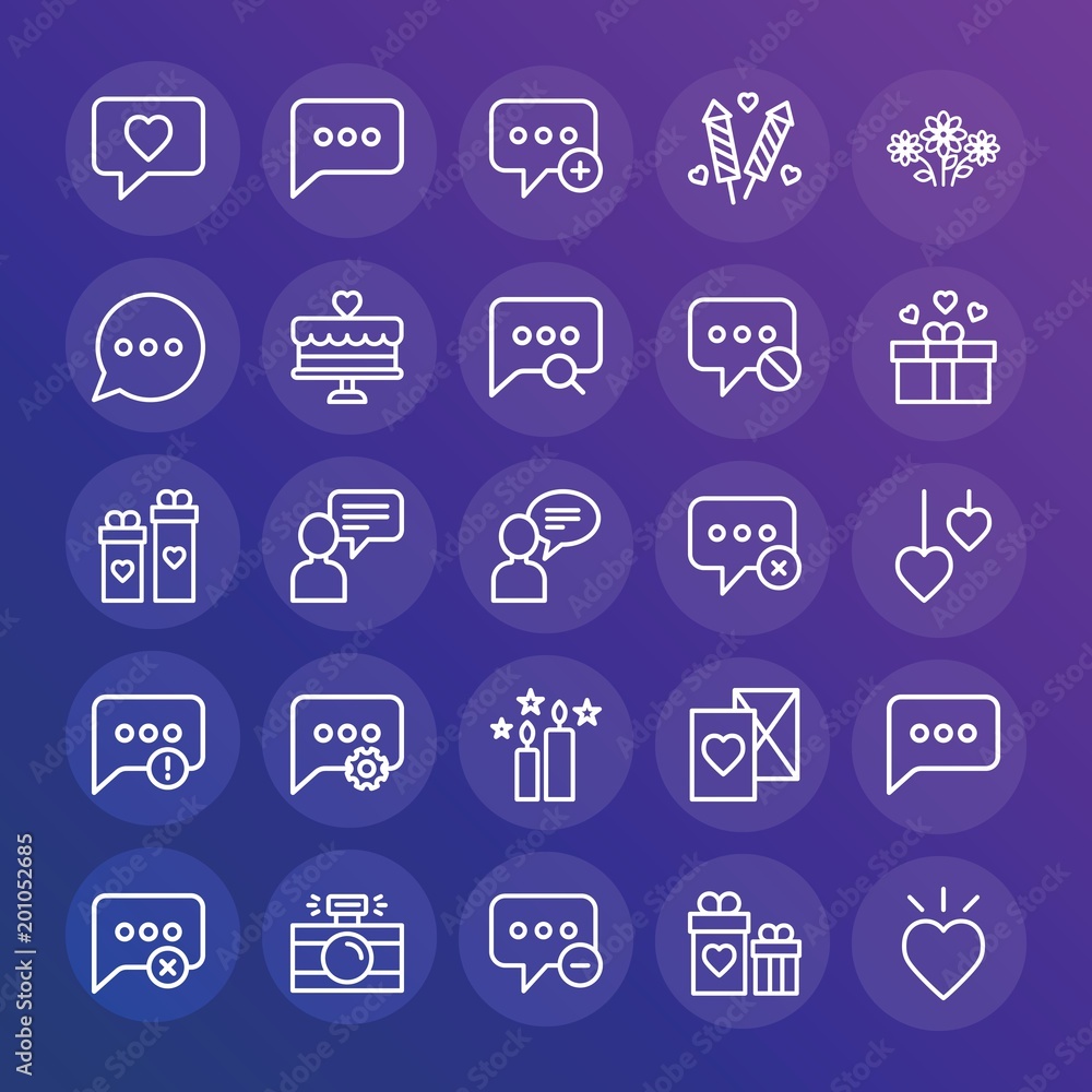 Modern Simple Set of chat and messenger, valentine Vector outline Icons. ..Contains such Icons as vector, holiday, camera, summer and more on gradient background. Fully Editable. Pixel Perfect. Modern Simple Set of chat and messenger, valentine Vector outline Icons. ..Contains such Icons as vector, holiday, camera, summer and more on gradient background. Fully Editable. Pixel Perfect.