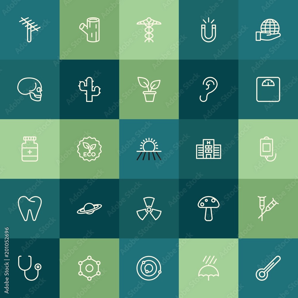Modern Simple Set of health, science, nature Vector outline Icons. ..Contains such Icons as  sign,  dish, health,  element,  panel,  symbol and more on green background. Fully Editable. Pixel Perfect.