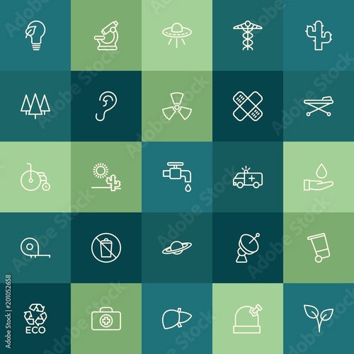 Modern Simple Set of health, science, nature Vector outline Icons. ..Contains such Icons as scientific, astronomy, medicine, ecology and more on green background. Fully Editable. Pixel Perfect.