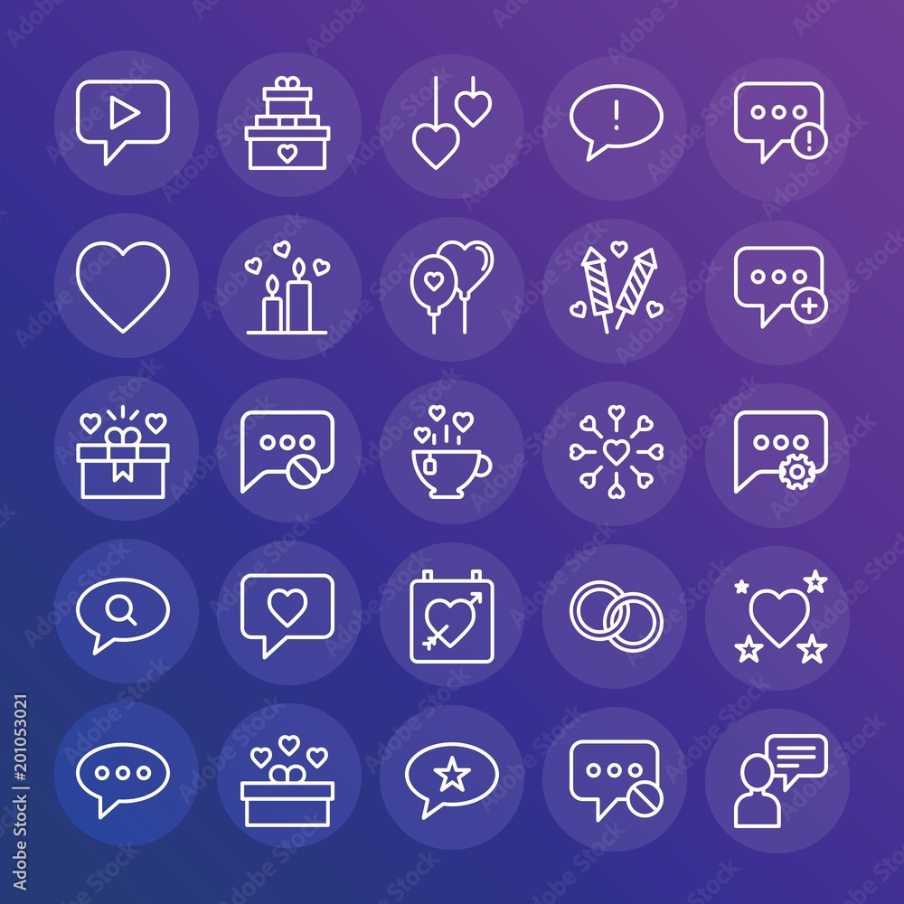 Modern Simple Set of chat and messenger, valentine Vector outline Icons. ..Contains such Icons as love, holiday, message, day, sms and more on gradient background. Fully Editable. Pixel Perfect. Modern Simple Set of chat and messenger, valentine Vector outline Icons. ..Contains such Icons as love, holiday, message, day, sms and more on gradient background. Fully Editable. Pixel Perfect.