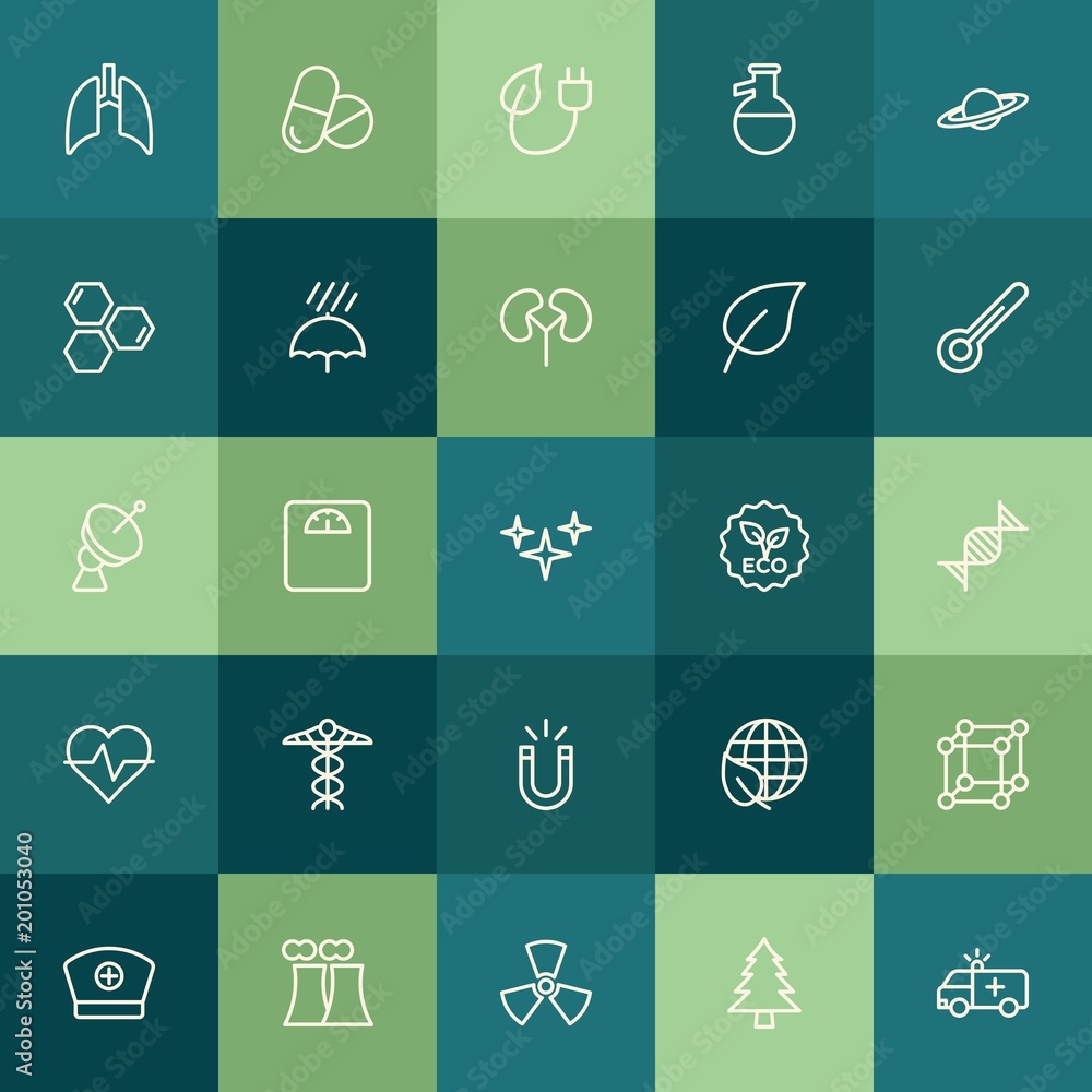 Modern Simple Set of health, science, nature Vector outline Icons. ..Contains such Icons as  save,  tree,  electricity, human,  plant,  lab and more on green background. Fully Editable. Pixel Perfect.