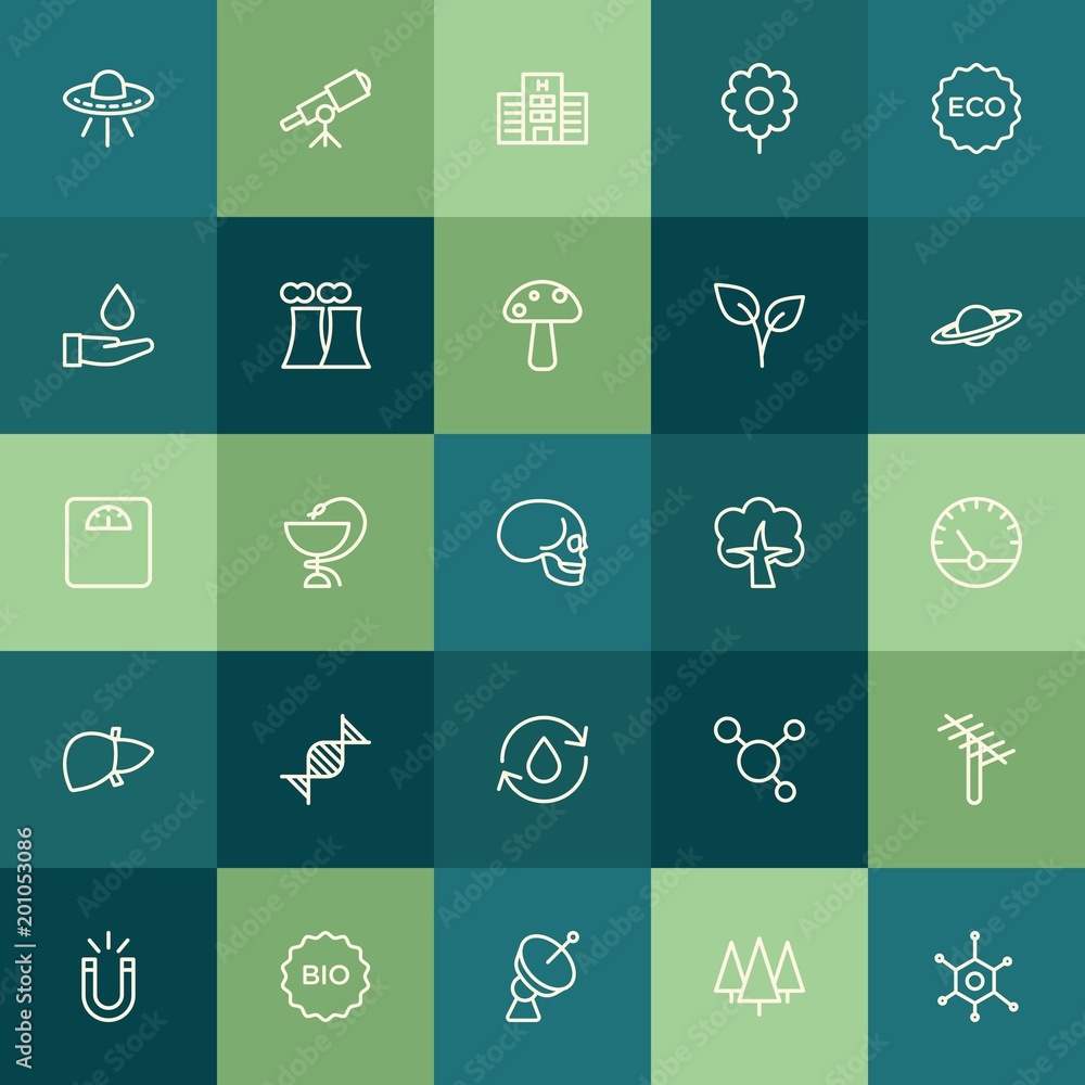 Modern Simple Set of health, science, nature Vector outline Icons. ..Contains such Icons as  building,  health,  laboratory,  reaction, ufo and more on green background. Fully Editable. Pixel Perfect.
