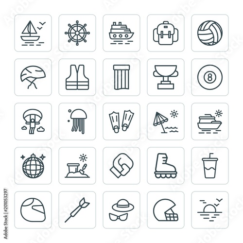 Modern Simple Set of sports, travel Vector outline Icons. ..Contains such Icons as wheel,  sail, sunset, sea,  travel,  bike,  drink,  sport and more on white background. Fully Editable. Pixel Perfect