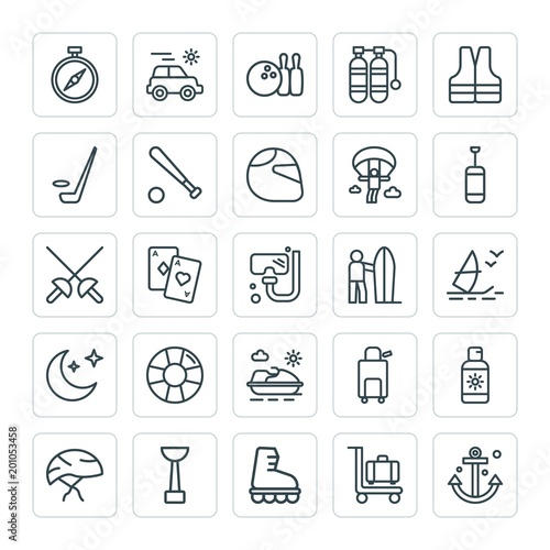 Modern Simple Set of sports, travel Vector outline Icons. ..Contains such Icons as suitcase,  east,  bicycle,  competition, sport,  luggage and more on white background. Fully Editable. Pixel Perfect