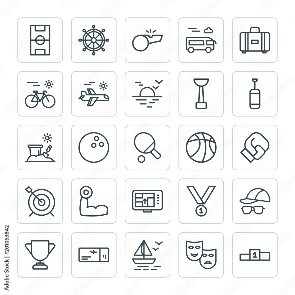 Vettoriale Stock Modern Simple Set of sports, travel Vector outline Icons.  ..Contains such Icons as hipster, show, stadium, light, competition, night  and more on white background. Fully Editable. Pixel Perfect | Adobe