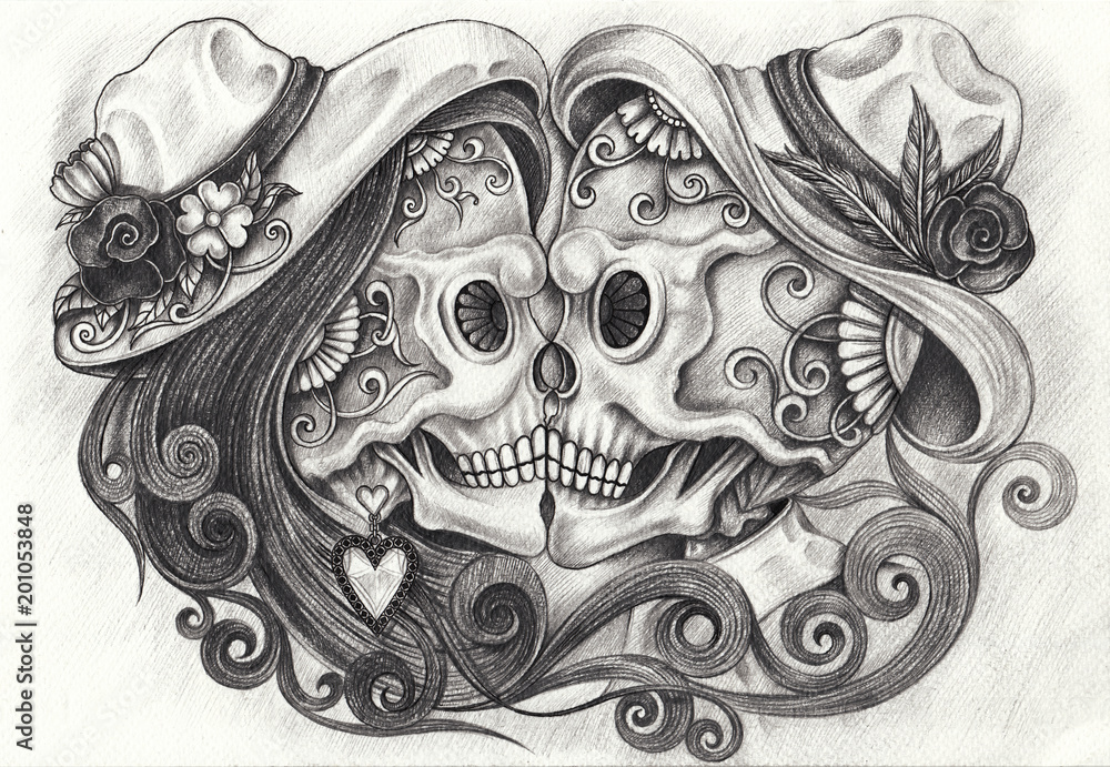 Hugging Dead Drawing Art Design Kiss Couples Skull Day of the dead. Hand pencil drawing on ...
