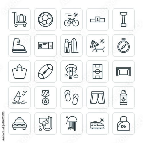 Modern Simple Set of sports, travel Vector outline Icons. ..Contains such Icons as soccer,  ocean,  cab,  ragby,  transport,  clothing, taxi and more on white background. Fully Editable. Pixel Perfect