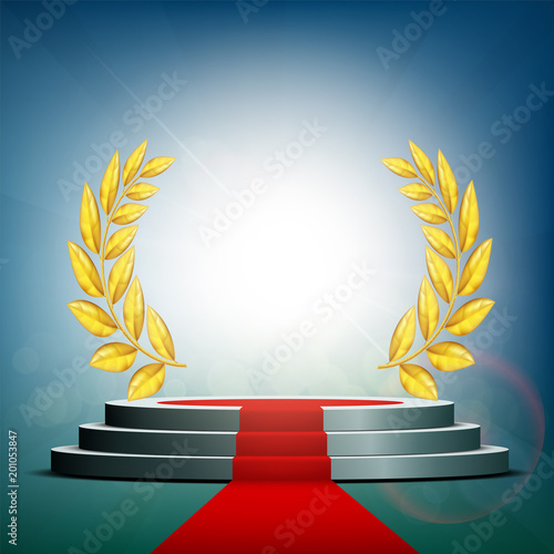 Round podium with golden laurel wreath.