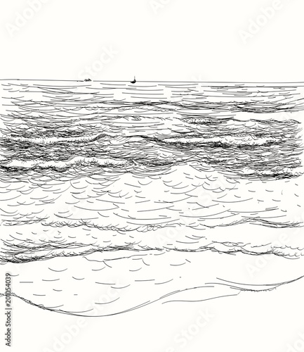 Vector summer seascape sketch. Seaside view and beach