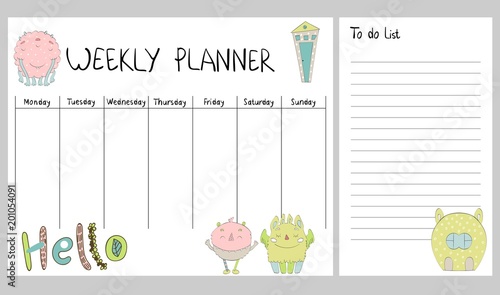 Hand drawing vector weekly planner with monsters.