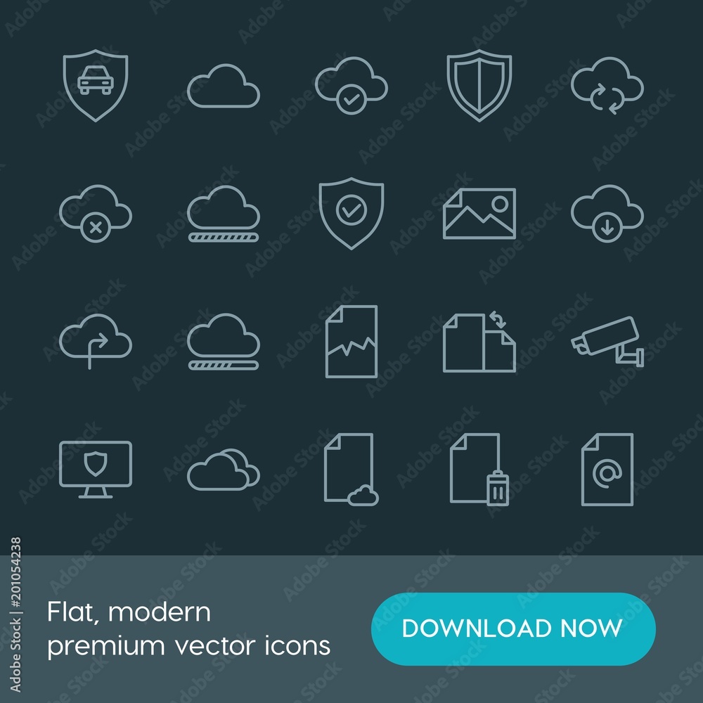 Modern Simple Set of cloud and networking, security, files Vector outline Icons. ..Contains such Icons as shield, white, storage, auto and more on dark background. Fully Editable. Pixel Perfect. Modern Simple Set of cloud and networking, security, files Vector outline Icons. ..Contains such Icons as shield, white, storage, auto and more on dark background. Fully Editable. Pixel Perfect.