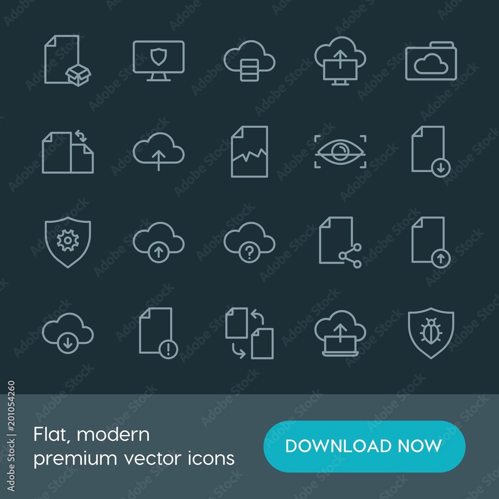 Modern Simple Set of cloud and networking, security, files Vector outline Icons. ..Contains such Icons as  digital,  icon,  mark, internet and more on dark background. Fully Editable. Pixel Perfect.