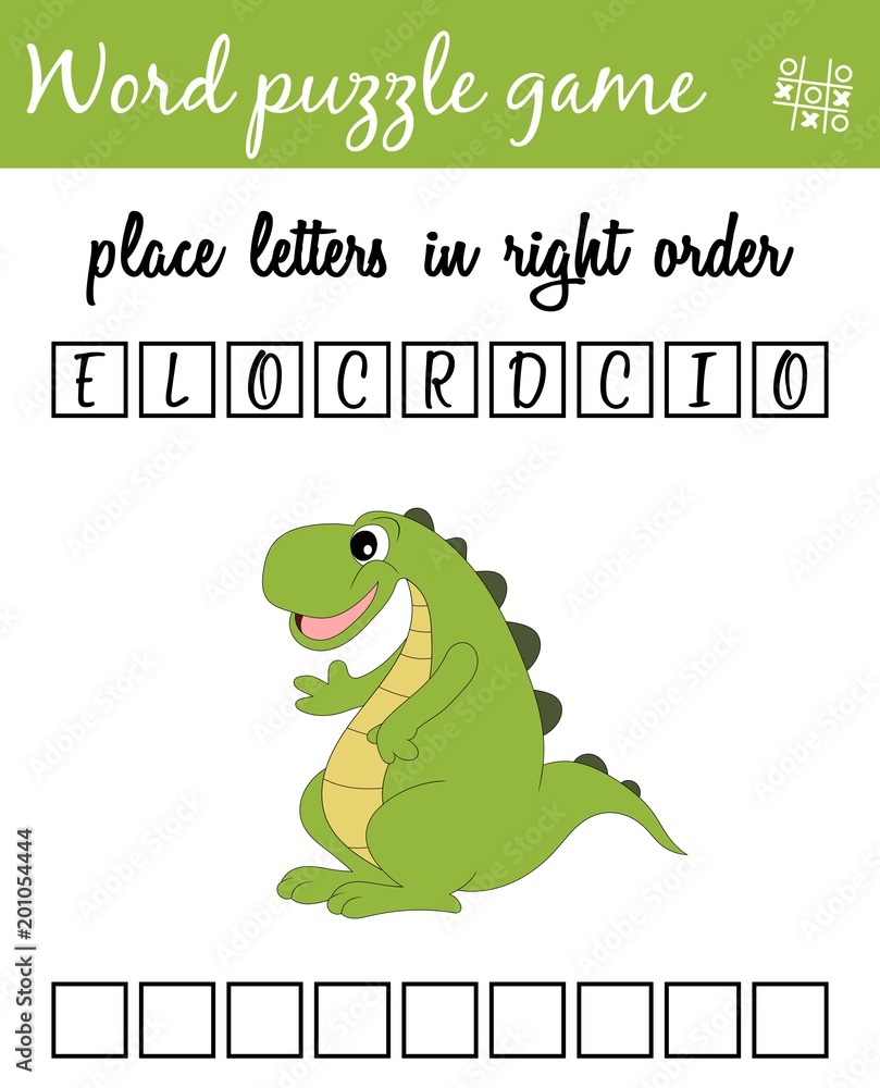 Words puzzle game with crocodile. Place the letters in right order. Learning vocabulary. Educational game for children Words puzzle game with crocodile. Place the letters in right order. Learning vocabulary. Educational game for children