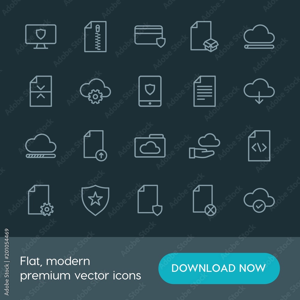 Modern Simple Set of cloud and networking, security, files Vector outline Icons. ..Contains such Icons as security, remove, file, box and more on dark background. Fully Editable. Pixel Perfect. Modern Simple Set of cloud and networking, security, files Vector outline Icons. ..Contains such Icons as security, remove, file, box and more on dark background. Fully Editable. Pixel Perfect.