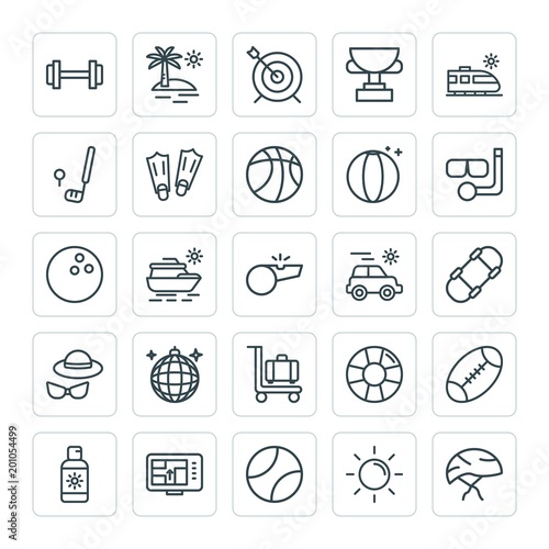 Modern Simple Set of sports, travel Vector outline Icons. ..Contains such Icons as summer,  competition, tennis,  gym,  protection,  rescue and more on white background. Fully Editable. Pixel Perfect