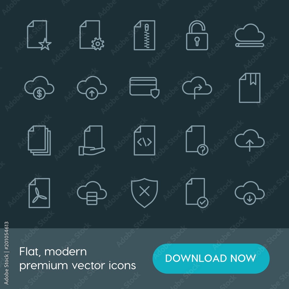 Modern Simple Set of cloud and networking, security, files Vector outline Icons. ..Contains such Icons as sign, sky, file, document, data and more on dark background. Fully Editable. Pixel Perfect. Modern Simple Set of cloud and networking, security, files Vector outline Icons. ..Contains such Icons as sign, sky, file, document, data and more on dark background. Fully Editable. Pixel Perfect.