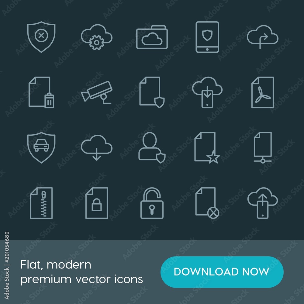 Modern Simple Set of cloud and networking, security, files Vector outline Icons. ..Contains such Icons as surveillance, publish, folder and more on dark background. Fully Editable. Pixel Perfect. Modern Simple Set of cloud and networking, security, files Vector outline Icons. ..Contains such Icons as surveillance, publish, folder and more on dark background. Fully Editable. Pixel Perfect.