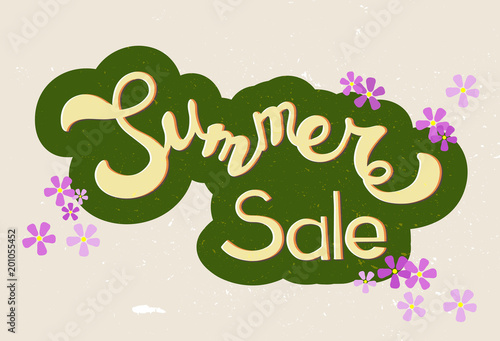 yellow message Summer sale with herbal green contour. hand lettring with pink flowers on vitage background with texture. It is a hand drawn. text in modern style. Vector illustration EPS10